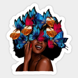 Beautiful Afro Woman with Butterflies in her Hair, African Sticker